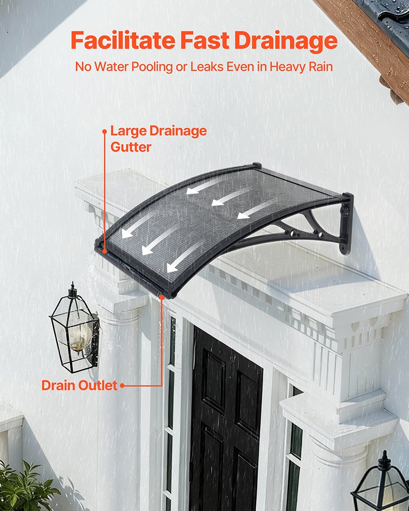 VEVOR Toldo para Puertas y Ventanas con Drenaje 61 x 60 cm, Tejadillo de Protección para Entrada con Soporte de ABS, Protección contra Lluvia, Nieve, Sol, Toldo de Policarbonato para Porche, Gris