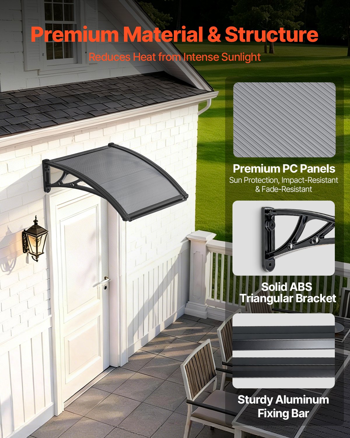 VEVOR Toldo para Puertas y Ventanas con Drenaje 61 x 60 cm, Tejadillo de Protección para Entrada con Soporte de ABS, Protección contra Lluvia, Nieve, Sol, Toldo de Policarbonato para Porche, Gris