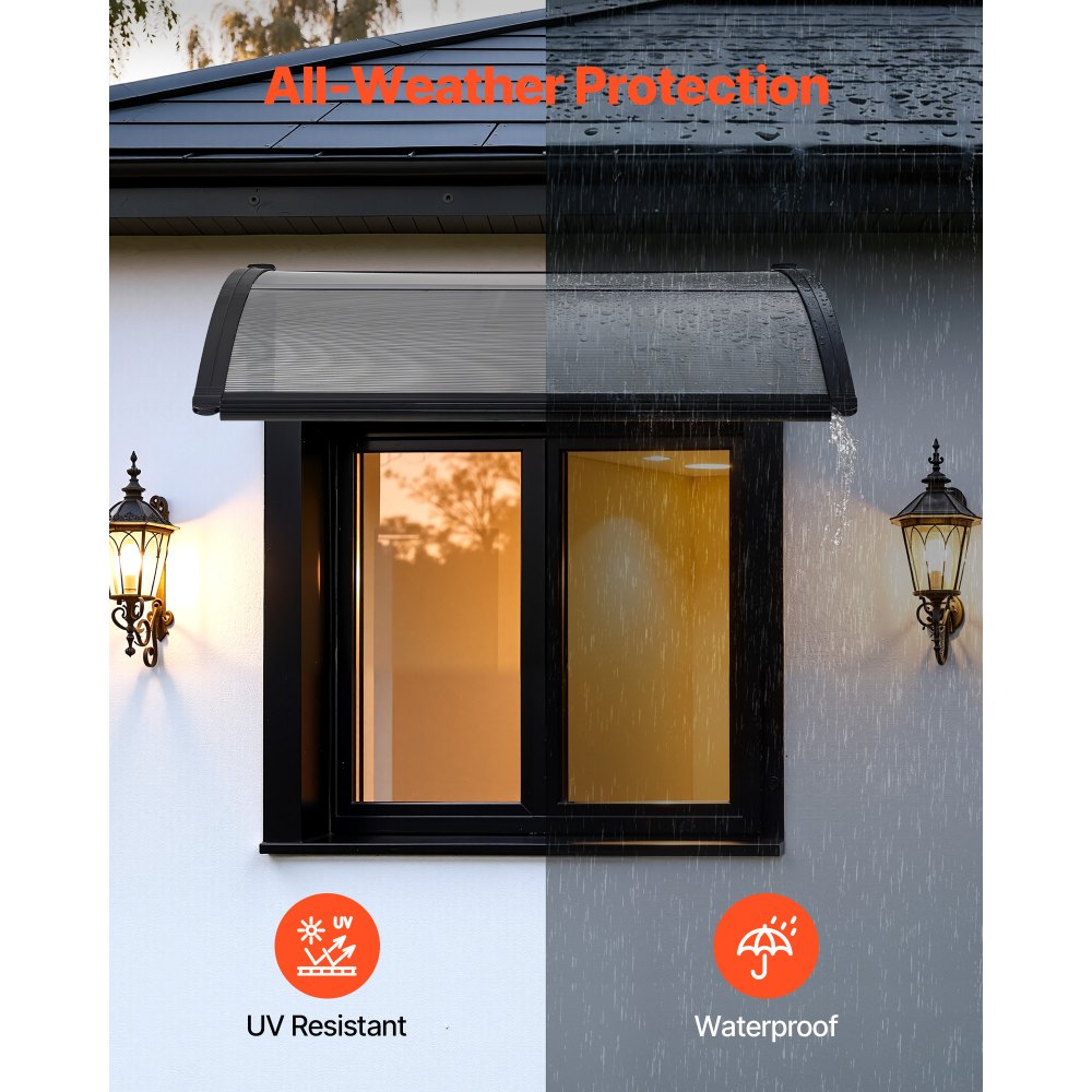 VEVOR Toldo para Puertas y Ventanas con Drenaje 100x75,5 cm, Tejadillo de Protección para Entrada con Soporte de ABS, Protección contra Lluvia, Nieve, Sol, Toldo de Policarbonato para Porche, Gris