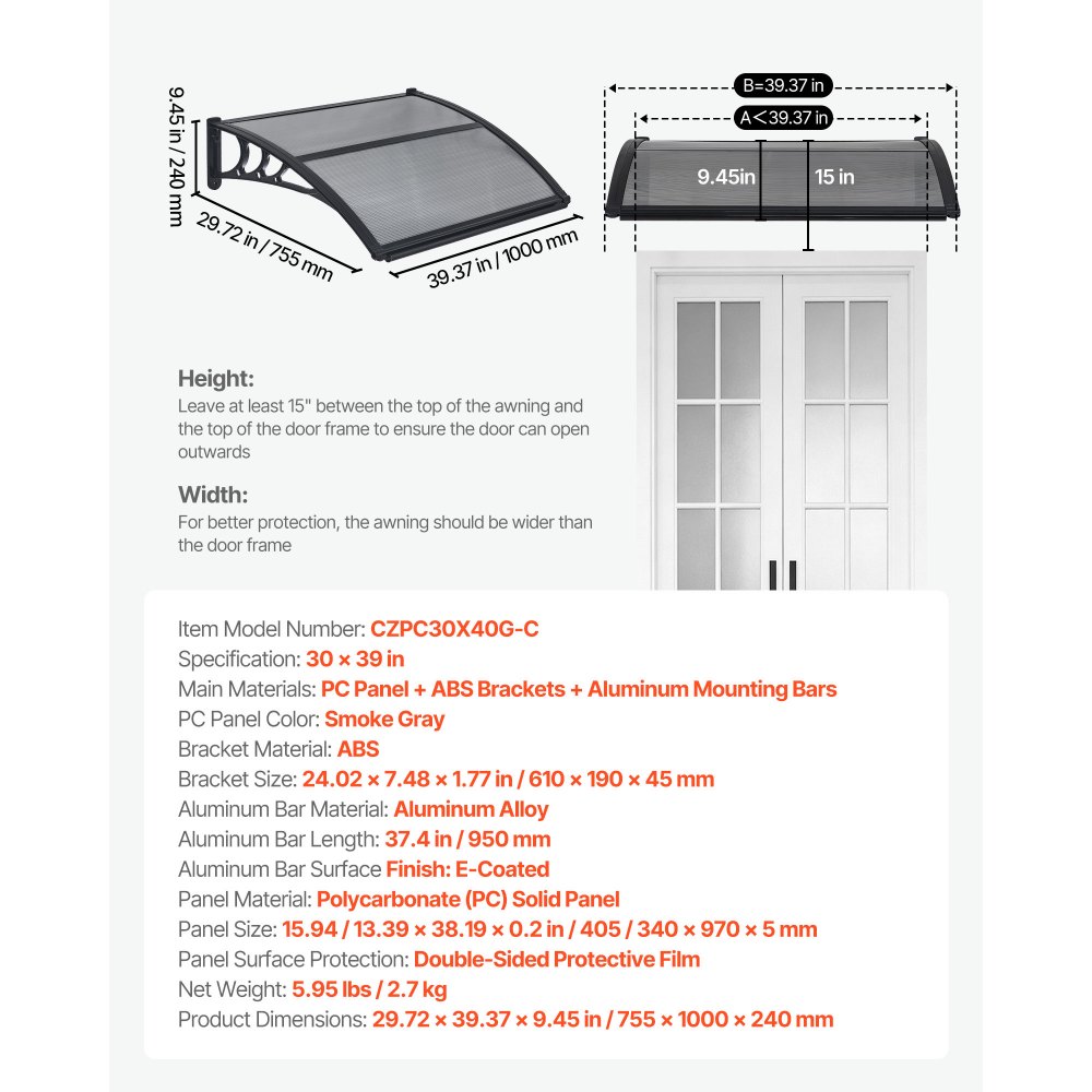 VEVOR Toldo para Puertas y Ventanas con Drenaje 100x75,5 cm, Tejadillo de Protección para Entrada con Soporte de ABS, Protección contra Lluvia, Nieve, Sol, Toldo de Policarbonato para Porche, Gris