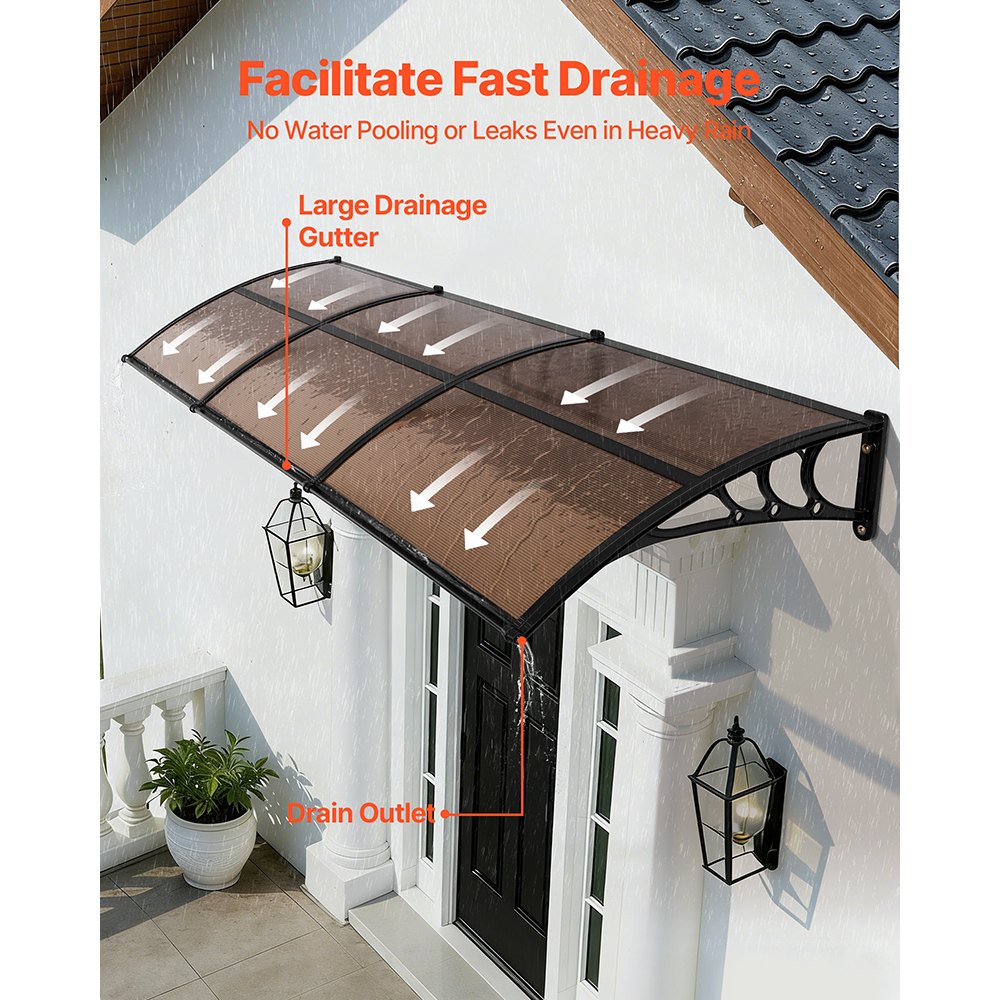 VEVOR Toldo para Puertas y Ventanas con Drenaje 297,5x96,5 cm, Tejadillo de Protección para Entrada con Soporte de ABS, Protección contra Lluvia, Sol, Toldo de Policarbonato para Porche, Marrón