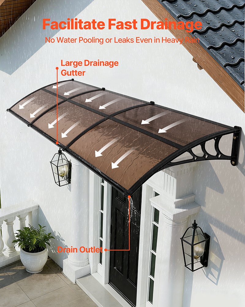 VEVOR Toldo para Puertas y Ventanas con Drenaje 297,5x96,5 cm, Tejadillo de Protección para Entrada con Soporte de ABS, Protección contra Lluvia, Sol, Toldo de Policarbonato para Porche, Marrón