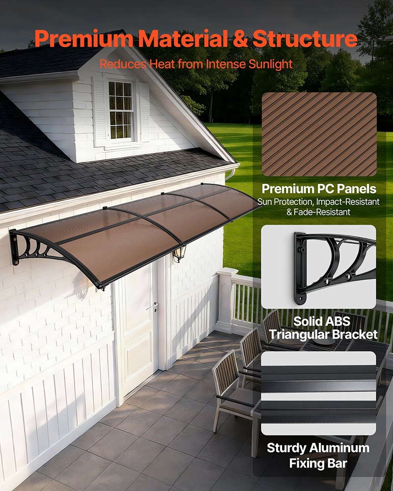 VEVOR Toldo para Puertas y Ventanas con Drenaje 297,5x96,5 cm, Tejadillo de Protección para Entrada con Soporte de ABS, Protección contra Lluvia, Sol, Toldo de Policarbonato para Porche, Marrón