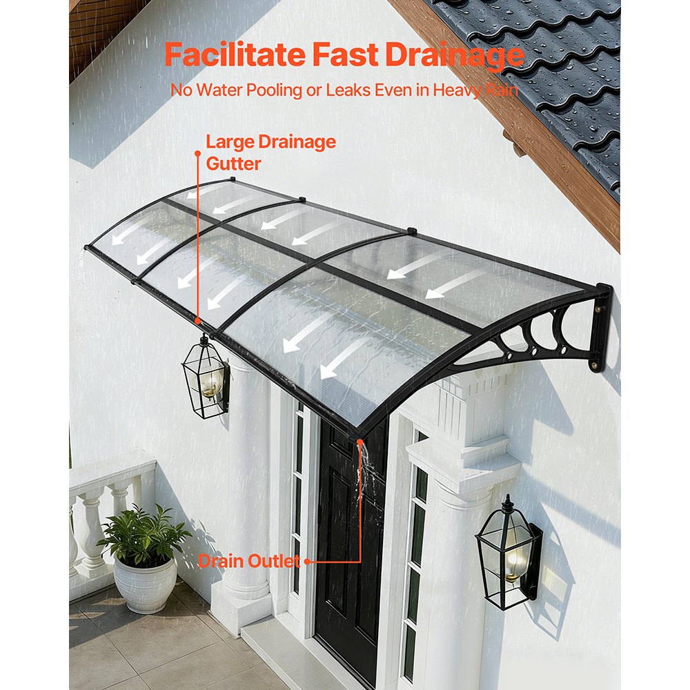 VEVOR Toldo para Puertas y Ventanas con Drenaje 297,5 x 96,5 cm, Tejadillo de Protección para Entrada con Soporte de ABS, Protección contra Lluvia, Toldo de Policarbonato para Porche, Transparente