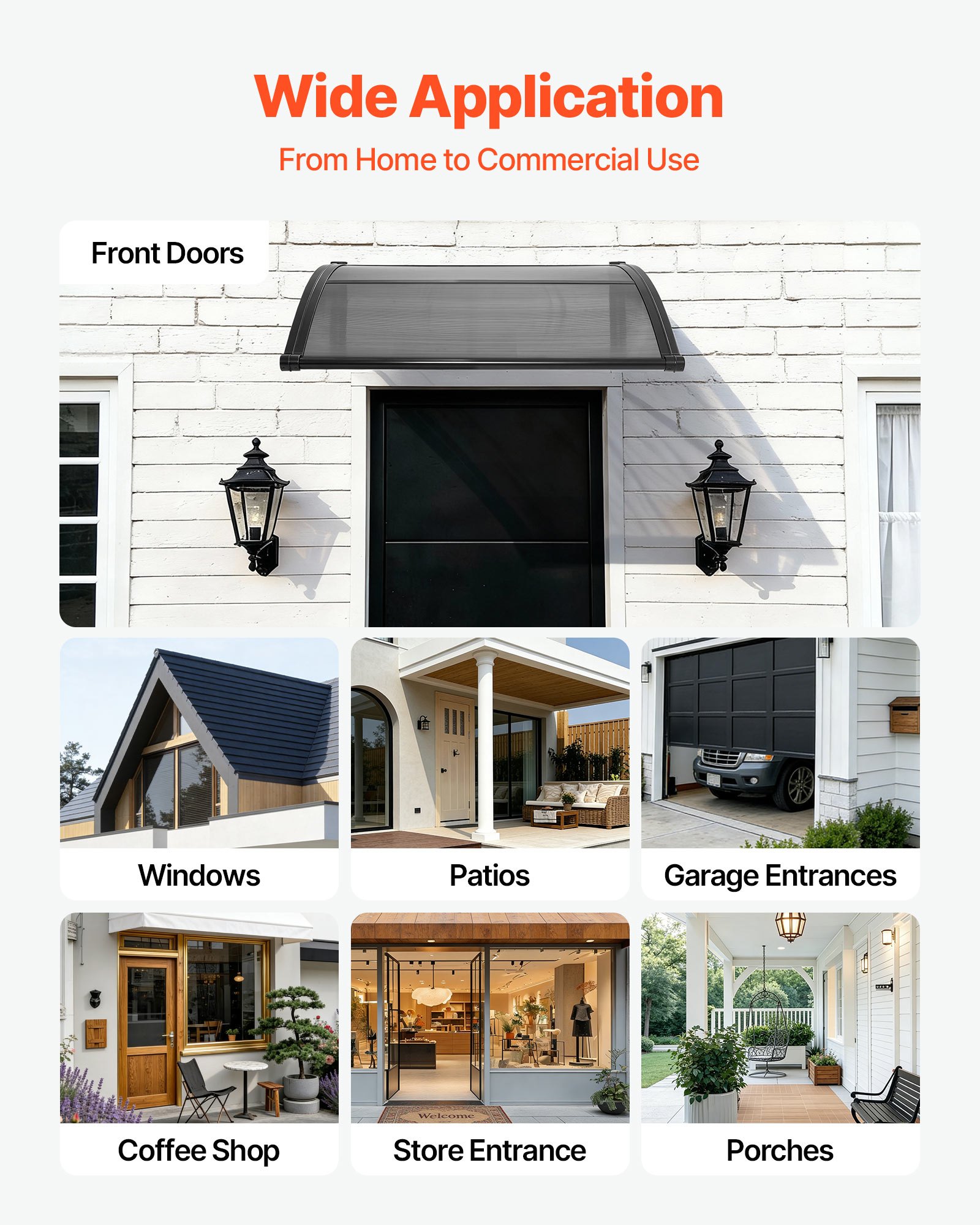 VEVOR Toldo para Puertas y Ventanas con Drenaje 101,7x96,5 cm, Tejadillo de Protección para Entrada con Soporte de ABS, Protección contra Lluvia, Nieve, Sol, Toldo de Policarbonato para Porche, Gris