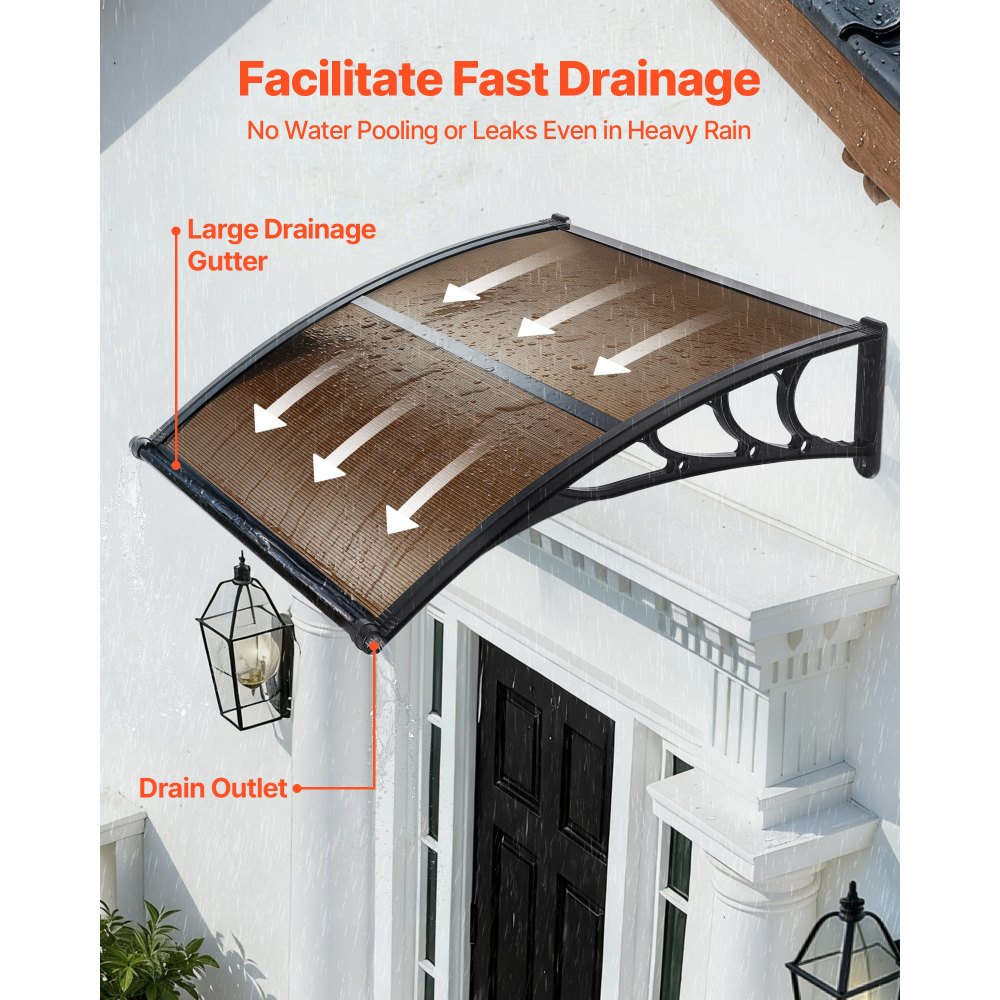 VEVOR Toldo para Puertas y Ventanas con Drenaje 101,7 x 96,5 cm, Tejadillo de Protección para Entrada con Soporte de ABS, Protección contra Lluvia, Sol, Toldo de Policarbonato para Porche, Marrón