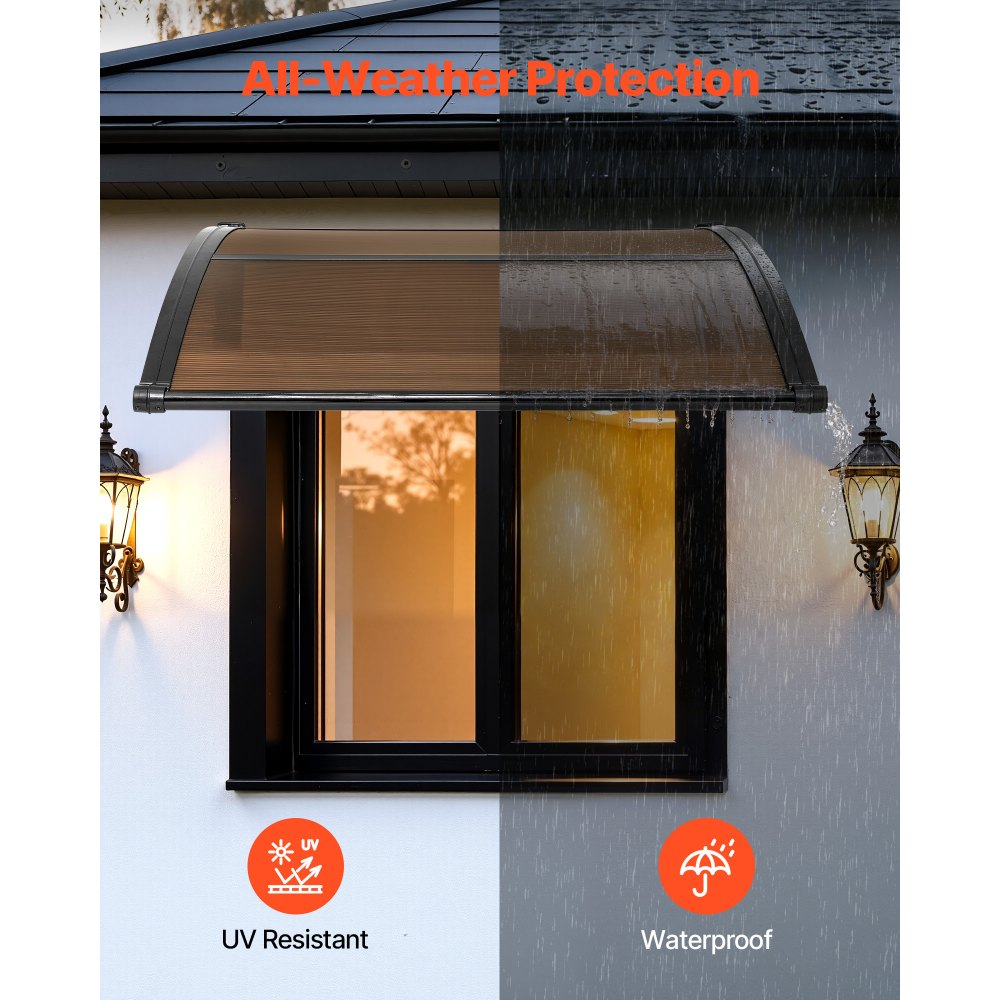 VEVOR Toldo para Puertas y Ventanas con Drenaje 101,7 x 96,5 cm, Tejadillo de Protección para Entrada con Soporte de ABS, Protección contra Lluvia, Sol, Toldo de Policarbonato para Porche, Marrón