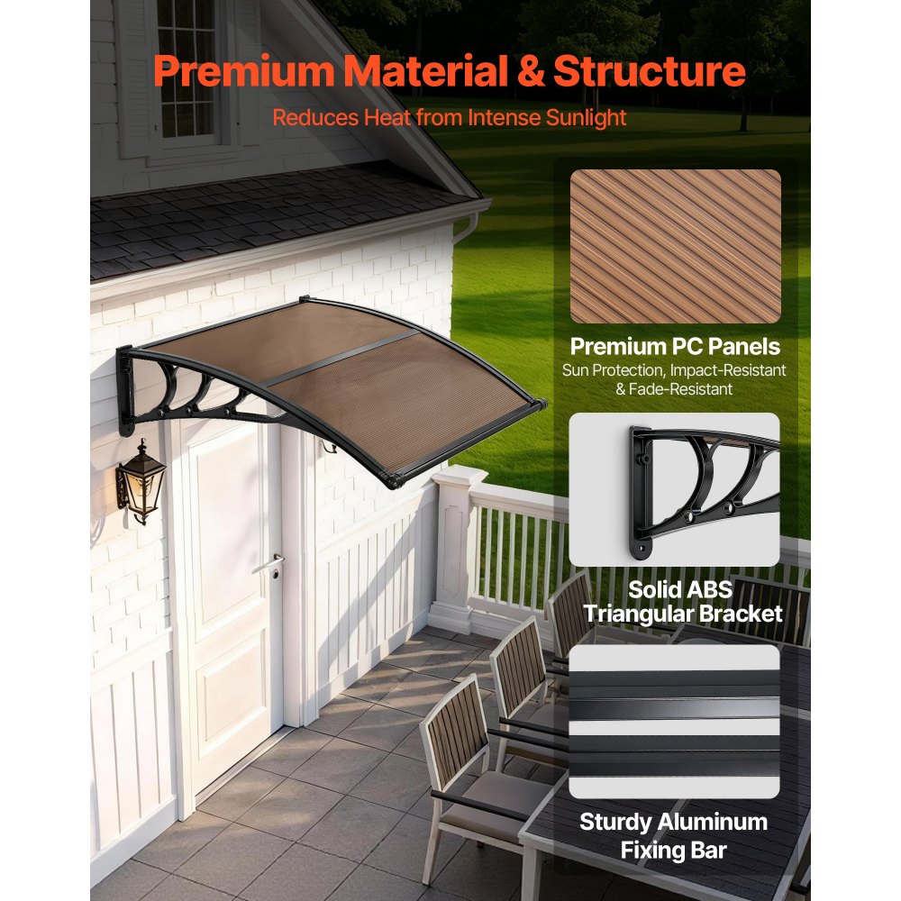 VEVOR Toldo para Puertas y Ventanas con Drenaje 101,7 x 96,5 cm, Tejadillo de Protección para Entrada con Soporte de ABS, Protección contra Lluvia, Sol, Toldo de Policarbonato para Porche, Marrón