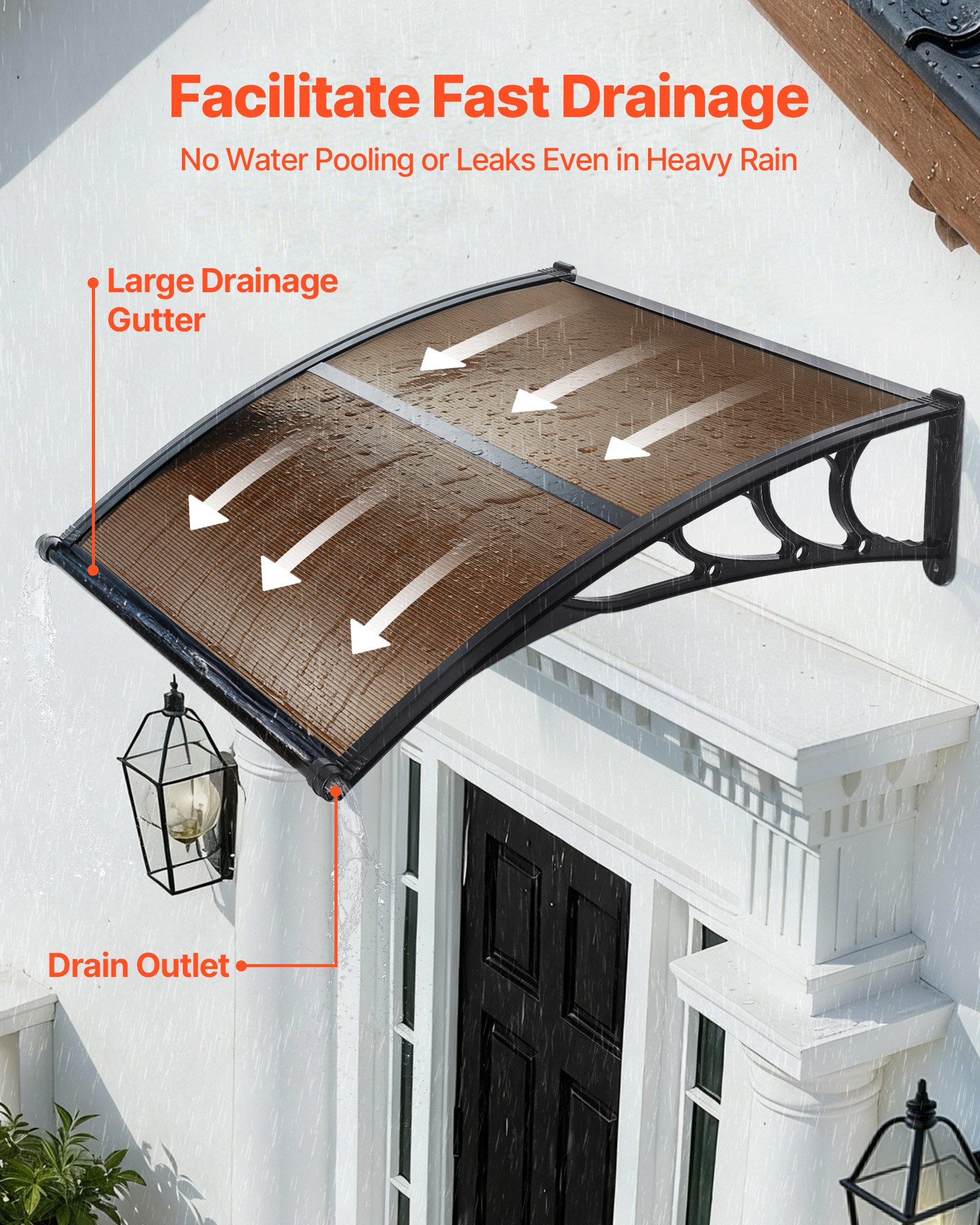 VEVOR Toldo para Puertas y Ventanas con Drenaje 101,7 x 96,5 cm, Tejadillo de Protección para Entrada con Soporte de ABS, Protección contra Lluvia, Sol, Toldo de Policarbonato para Porche, Marrón