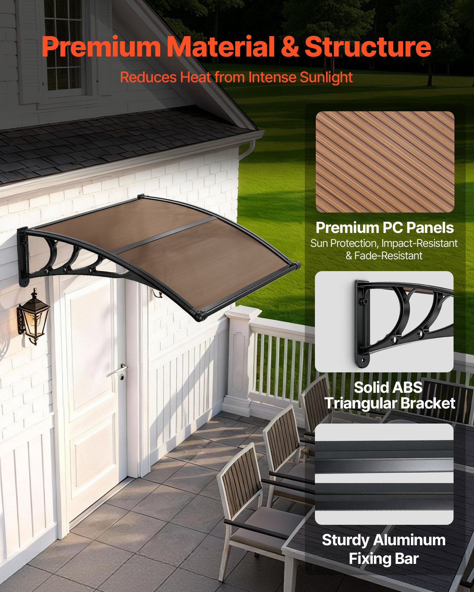 VEVOR Toldo para Puertas y Ventanas con Drenaje 101,7 x 96,5 cm, Tejadillo de Protección para Entrada con Soporte de ABS, Protección contra Lluvia, Sol, Toldo de Policarbonato para Porche, Marrón