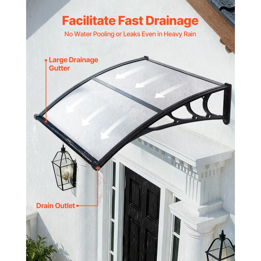 VEVOR Toldo para Puertas y Ventanas con Drenaje 101,7 x 96,5 cm, Tejadillo de Protección para Entrada con Soporte de ABS, Protección contra Lluvia, Toldo de Policarbonato para Porche, Transparente