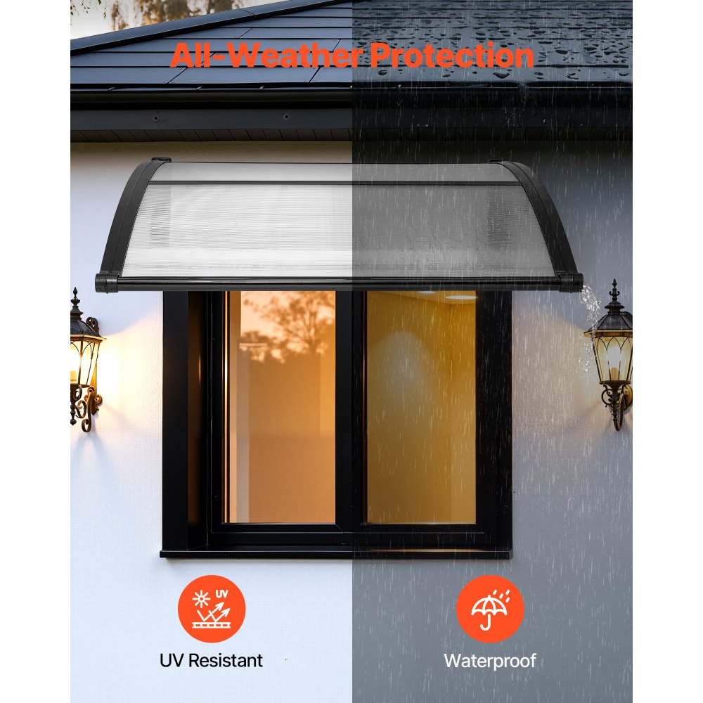 VEVOR Toldo para Puertas y Ventanas con Drenaje 101,7 x 96,5 cm, Tejadillo de Protección para Entrada con Soporte de ABS, Protección contra Lluvia, Toldo de Policarbonato para Porche, Transparente