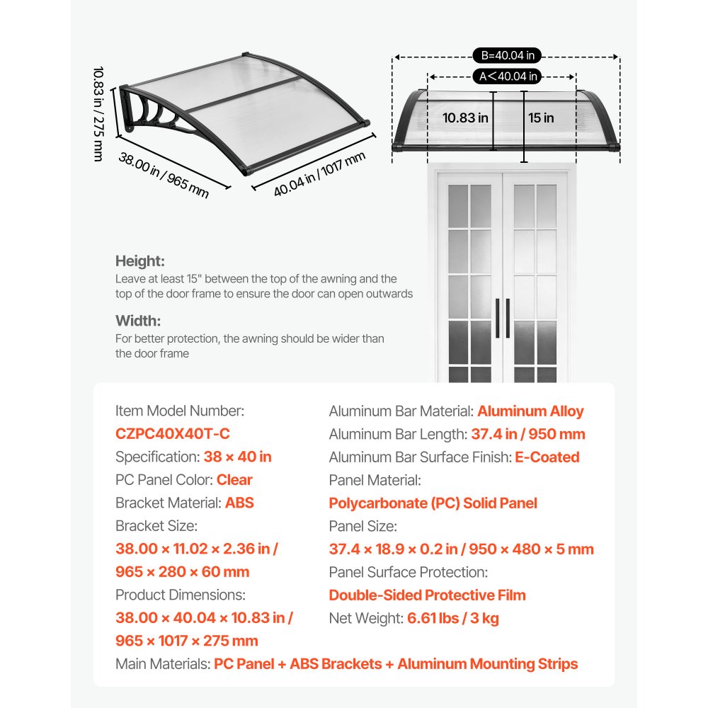 VEVOR Toldo para Puertas y Ventanas con Drenaje 101,7 x 96,5 cm, Tejadillo de Protección para Entrada con Soporte de ABS, Protección contra Lluvia, Toldo de Policarbonato para Porche, Transparente