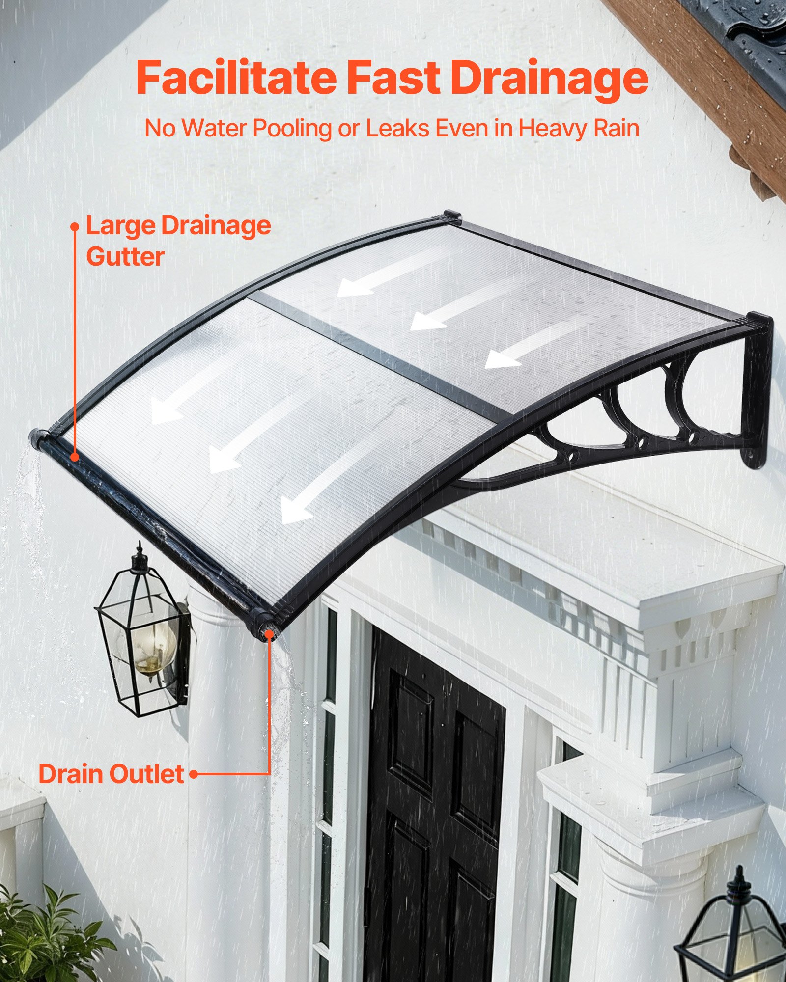 VEVOR Toldo para Puertas y Ventanas con Drenaje 101,7 x 96,5 cm, Tejadillo de Protección para Entrada con Soporte de ABS, Protección contra Lluvia, Toldo de Policarbonato para Porche, Transparente