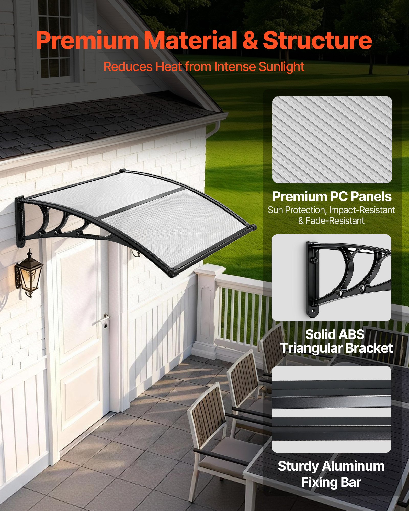 VEVOR Toldo para Puertas y Ventanas con Drenaje 101,7 x 96,5 cm, Tejadillo de Protección para Entrada con Soporte de ABS, Protección contra Lluvia, Toldo de Policarbonato para Porche, Transparente