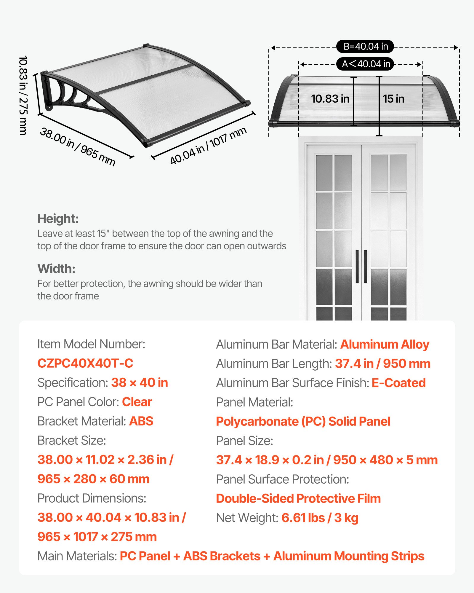 VEVOR Toldo para Puertas y Ventanas con Drenaje 101,7 x 96,5 cm, Tejadillo de Protección para Entrada con Soporte de ABS, Protección contra Lluvia, Toldo de Policarbonato para Porche, Transparente