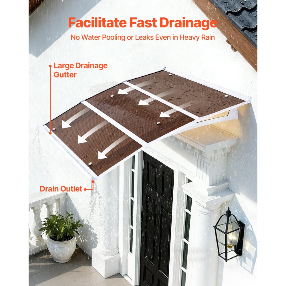 VEVOR Toldo para Puertas y Ventanas con Drenaje 120x100 cm, Tejadillo de Protección para Entrada con Soporte de ABS, Protección contra Lluvia, Nieve, Sol, Toldo de Policarbonato para Porche, Marrón