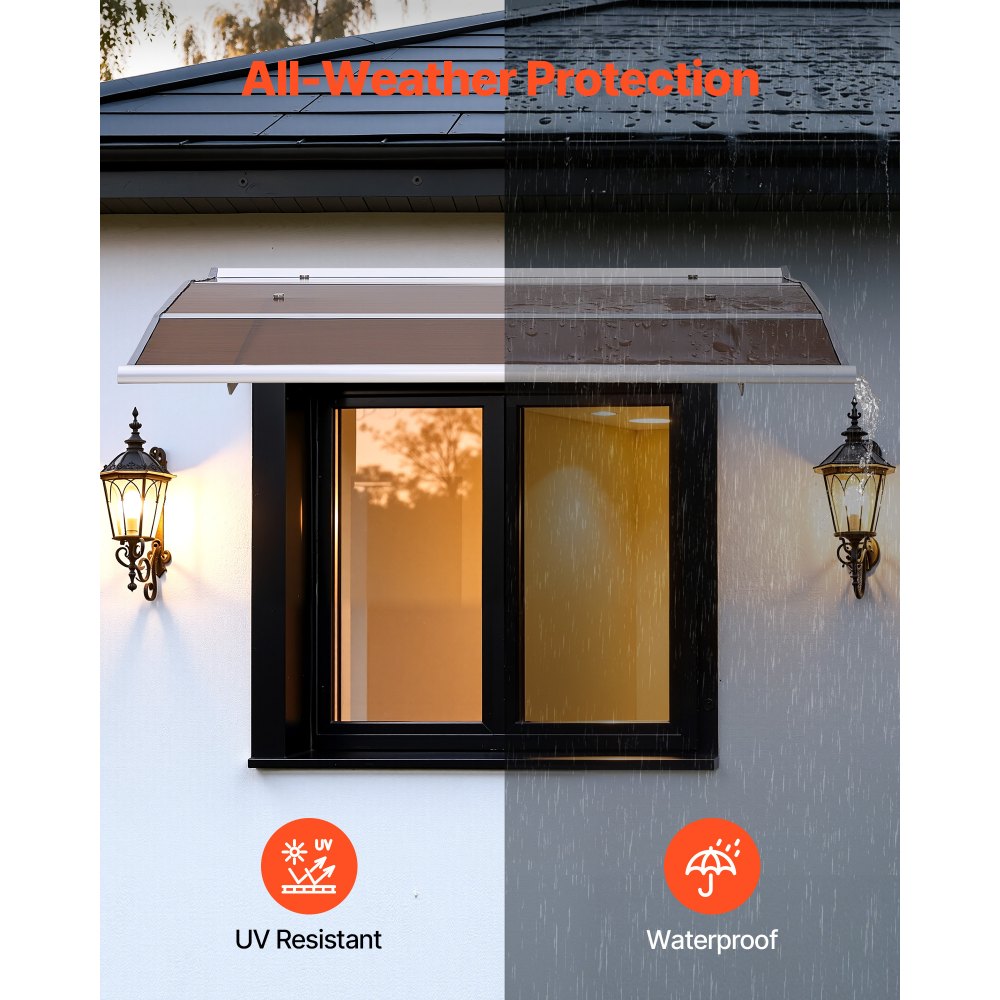 VEVOR Toldo para Puertas y Ventanas con Drenaje 120x100 cm, Tejadillo de Protección para Entrada con Soporte de ABS, Protección contra Lluvia, Nieve, Sol, Toldo de Policarbonato para Porche, Marrón