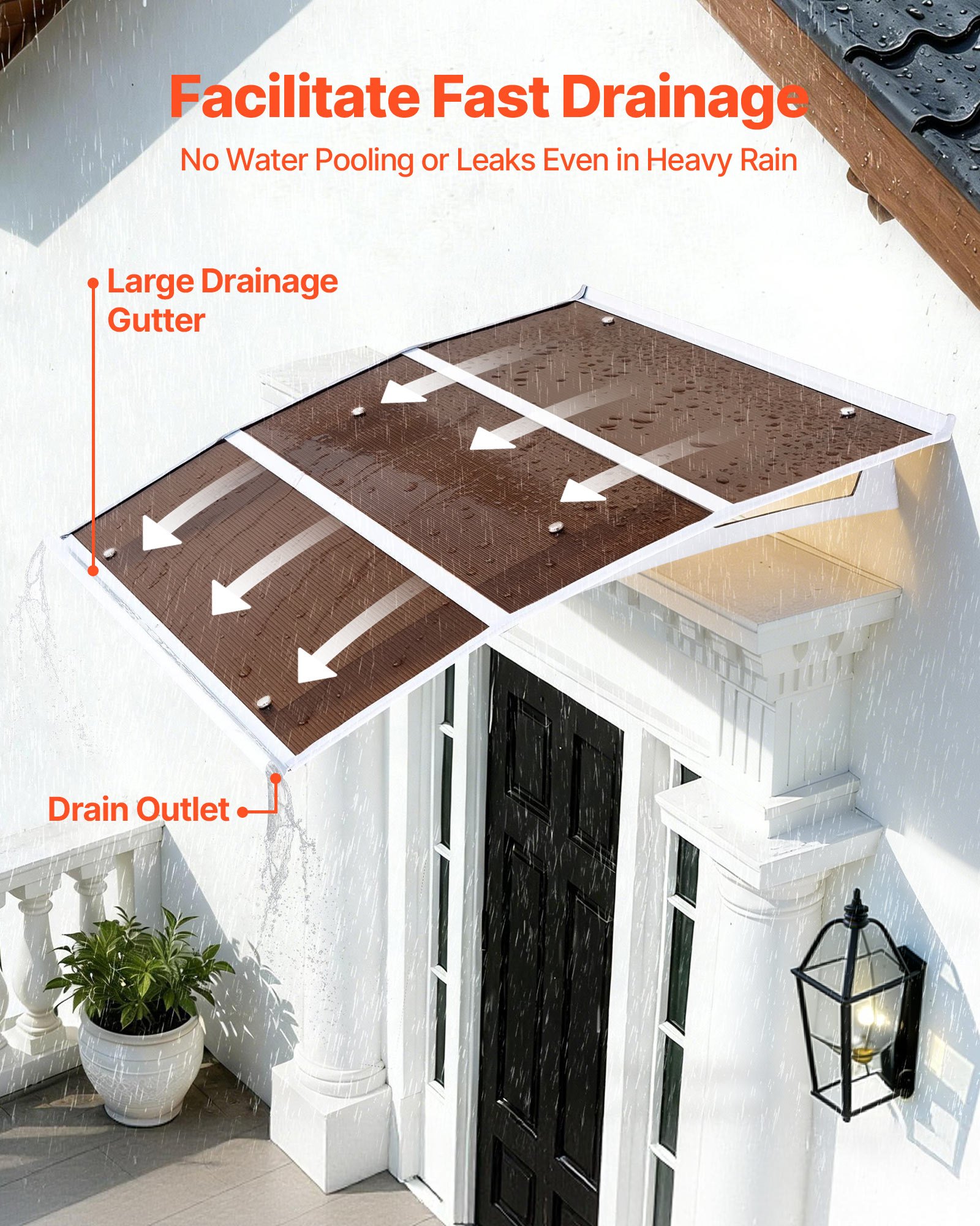 VEVOR Toldo para Puertas y Ventanas con Drenaje 120x100 cm, Tejadillo de Protección para Entrada con Soporte de ABS, Protección contra Lluvia, Nieve, Sol, Toldo de Policarbonato para Porche, Marrón