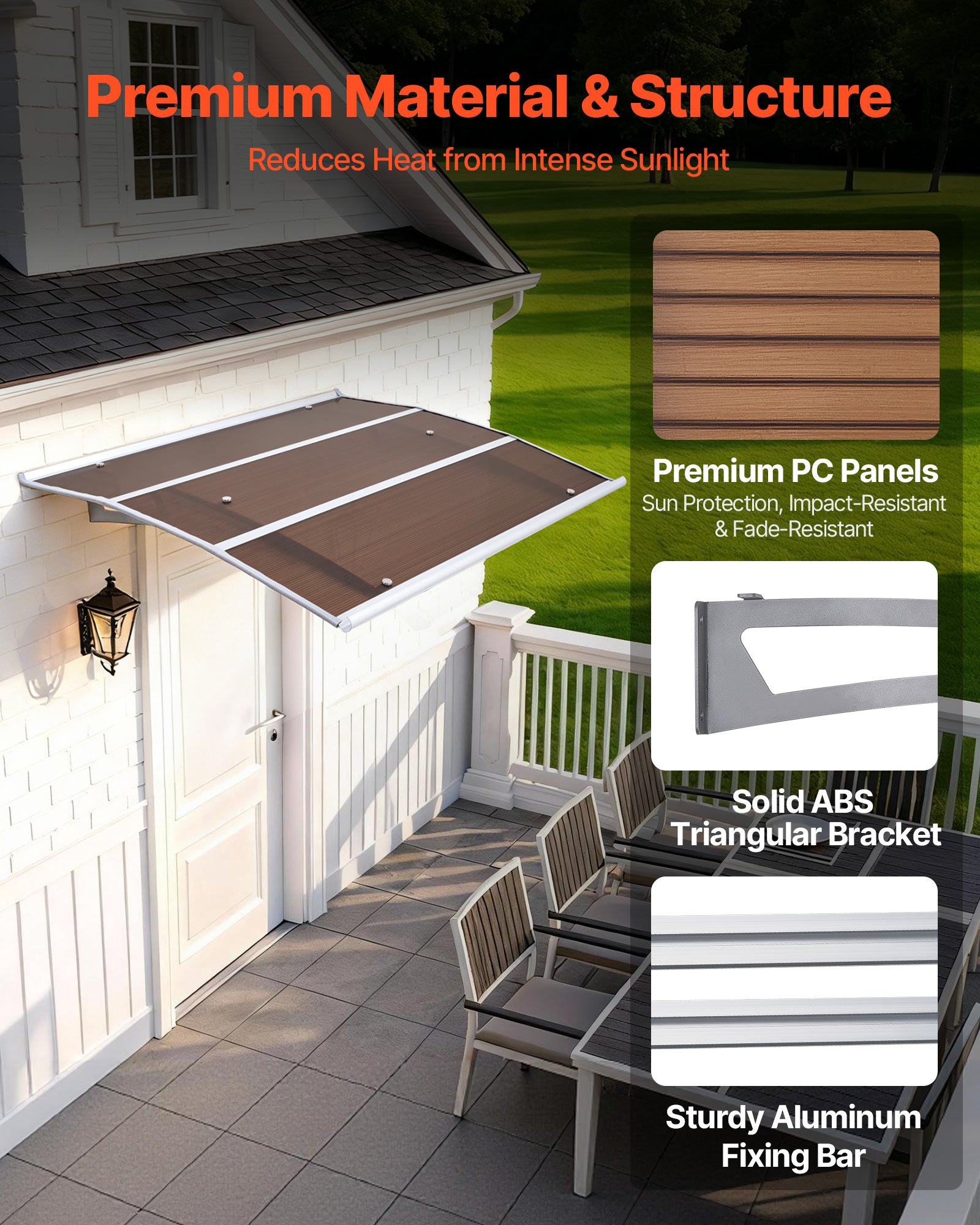 VEVOR Toldo para Puertas y Ventanas con Drenaje 120x100 cm, Tejadillo de Protección para Entrada con Soporte de ABS, Protección contra Lluvia, Nieve, Sol, Toldo de Policarbonato para Porche, Marrón