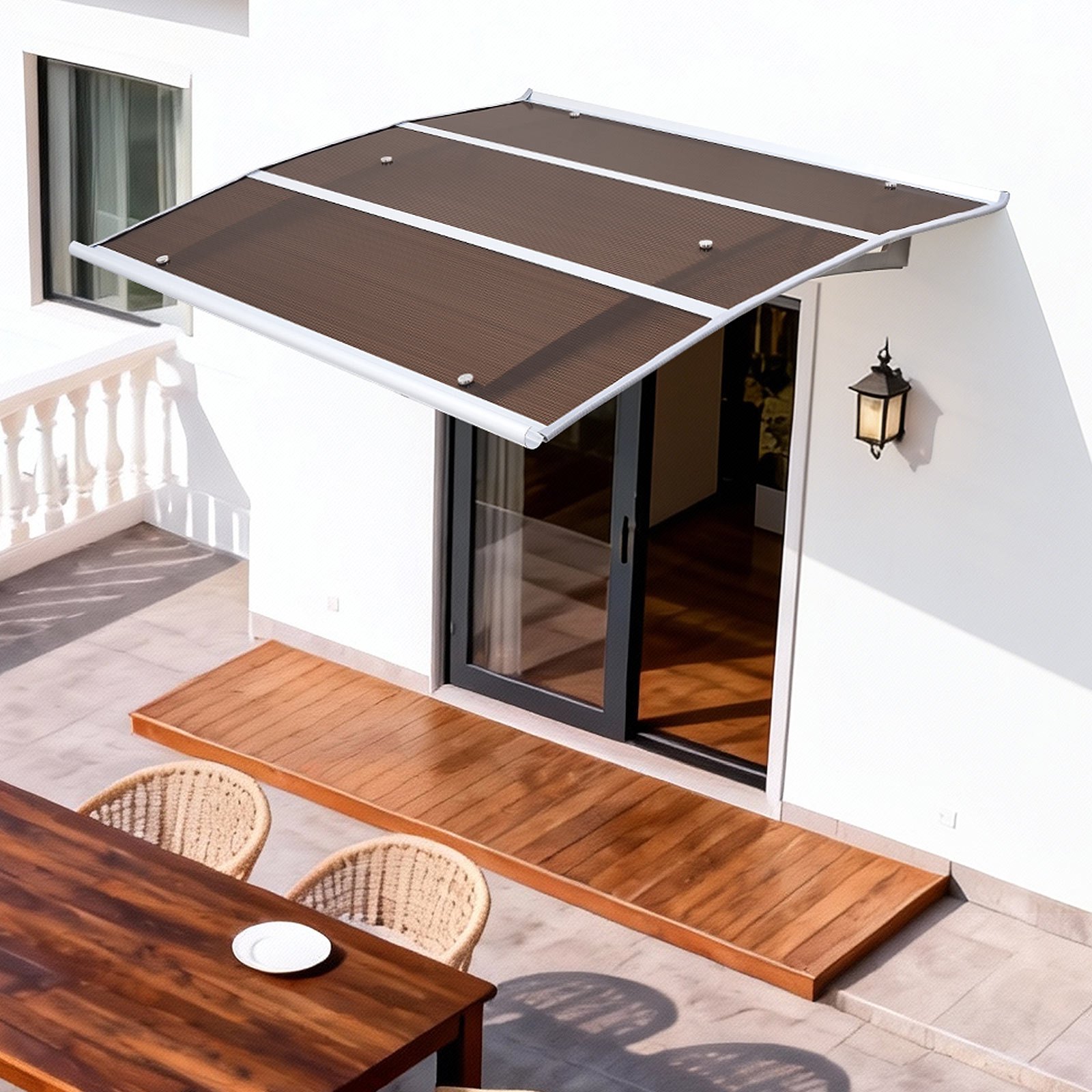 VEVOR Toldo para Puertas y Ventanas con Drenaje 120x100 cm, Tejadillo de Protección para Entrada con Soporte de ABS, Protección contra Lluvia, Nieve, Sol, Toldo de Policarbonato para Porche, Marrón