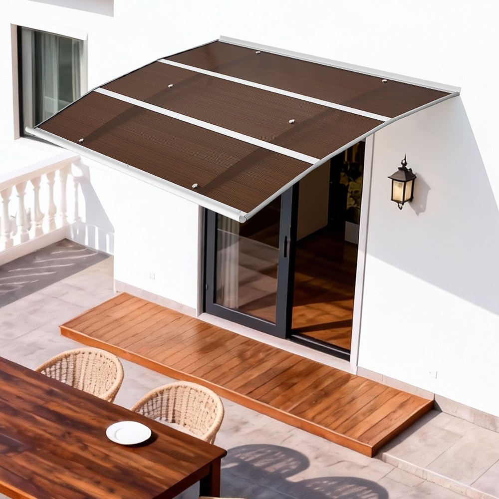 VEVOR Toldo para Puertas y Ventanas con Drenaje 150x100 cm, Tejadillo de Protección para Entrada con Soporte de ABS, Protección contra Lluvia, Nieve, Sol, Toldo de Policarbonato para Porche, Marrón