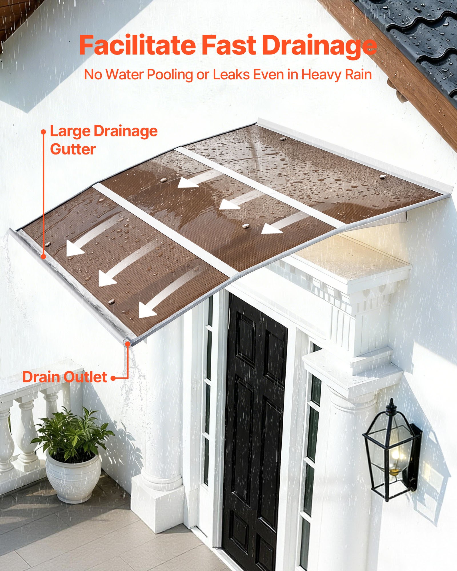 VEVOR Toldo para Puertas y Ventanas con Drenaje 150x100 cm, Tejadillo de Protección para Entrada con Soporte de ABS, Protección contra Lluvia, Nieve, Sol, Toldo de Policarbonato para Porche, Marrón