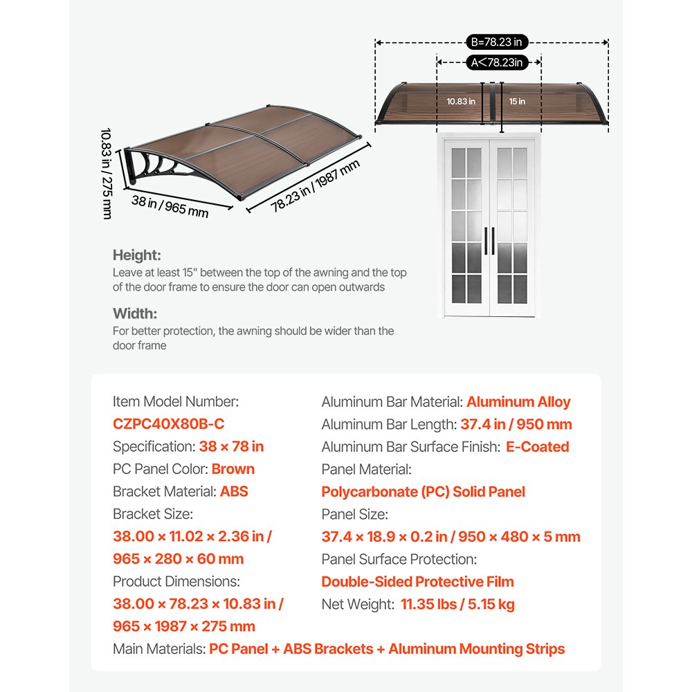 VEVOR Toldo para Puertas y Ventanas con Drenaje 198,7x96,5 cm, Tejadillo de Protección para Entrada con Soporte de ABS, Protección contra Lluvia, Sol, Toldo de Policarbonato para Porche, Marrón