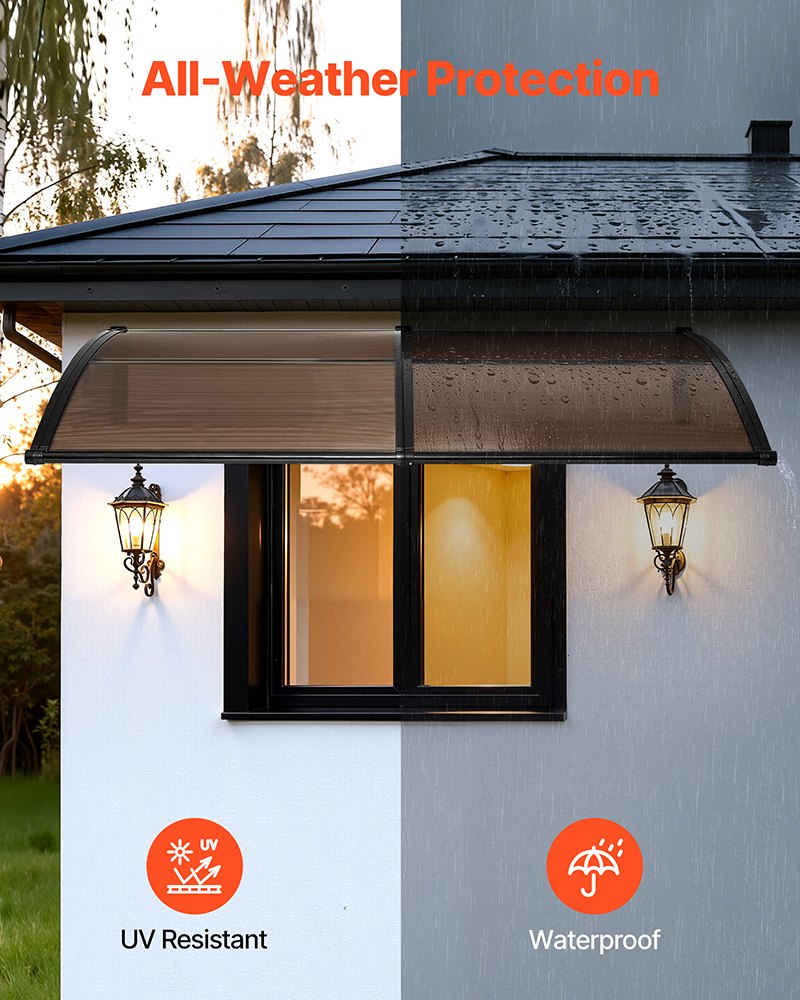 VEVOR Toldo para Puertas y Ventanas con Drenaje 198,7x96,5 cm, Tejadillo de Protección para Entrada con Soporte de ABS, Protección contra Lluvia, Sol, Toldo de Policarbonato para Porche, Marrón
