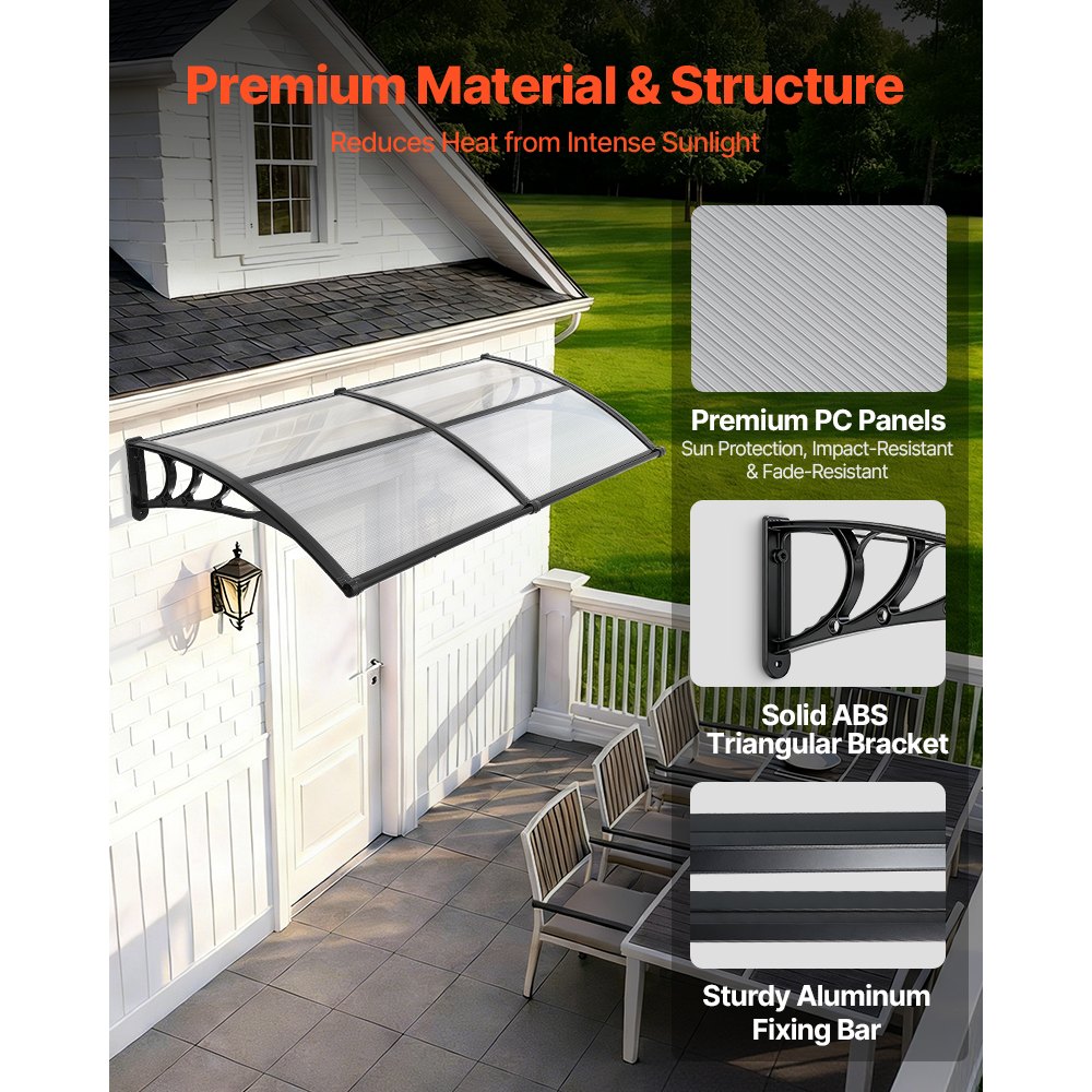 VEVOR Toldo para Puertas y Ventanas con Drenaje 198,7 x 96,5 cm, Tejadillo de Protección para Entrada con Soporte de ABS, Protección contra Lluvia, Toldo de Policarbonato para Porche, Transparente