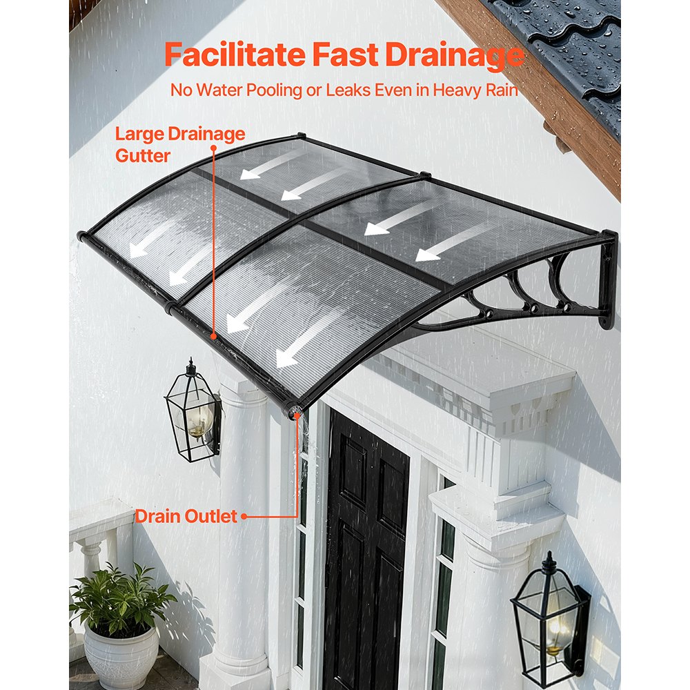 VEVOR Toldo para Puertas y Ventanas con Drenaje 198,7x96,5 cm, Tejadillo de Protección para Entrada con Soporte de ABS, Protección contra Lluvia, Nieve, Sol, Toldo de Policarbonato para Porche, Gris