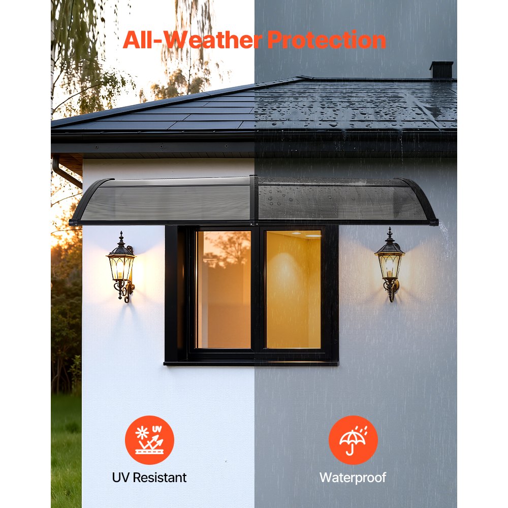 VEVOR Toldo para Puertas y Ventanas con Drenaje 198,7x96,5 cm, Tejadillo de Protección para Entrada con Soporte de ABS, Protección contra Lluvia, Nieve, Sol, Toldo de Policarbonato para Porche, Gris