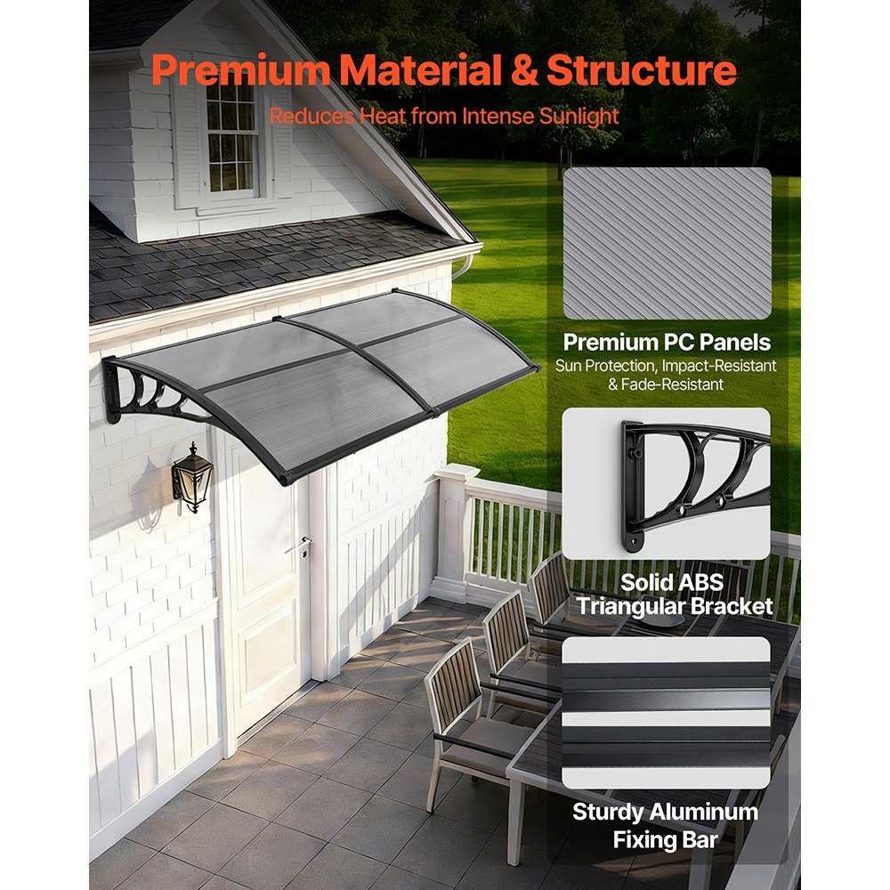 VEVOR Toldo para Puertas y Ventanas con Drenaje 198,7x96,5 cm, Tejadillo de Protección para Entrada con Soporte de ABS, Protección contra Lluvia, Nieve, Sol, Toldo de Policarbonato para Porche, Gris