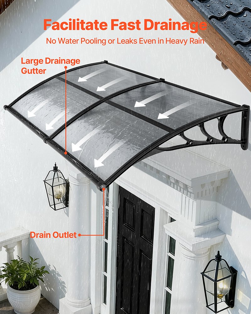 VEVOR Toldo para Puertas y Ventanas con Drenaje 198,7x96,5 cm, Tejadillo de Protección para Entrada con Soporte de ABS, Protección contra Lluvia, Nieve, Sol, Toldo de Policarbonato para Porche, Gris