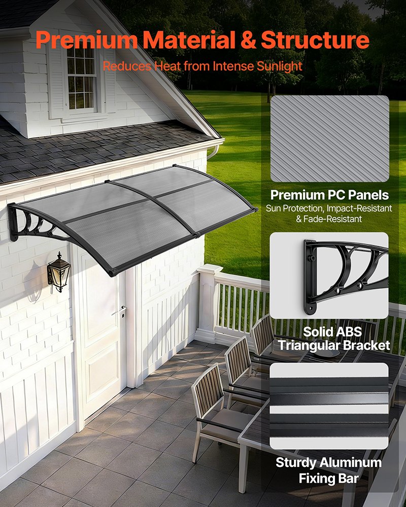 VEVOR Toldo para Puertas y Ventanas con Drenaje 198,7x96,5 cm, Tejadillo de Protección para Entrada con Soporte de ABS, Protección contra Lluvia, Nieve, Sol, Toldo de Policarbonato para Porche, Gris