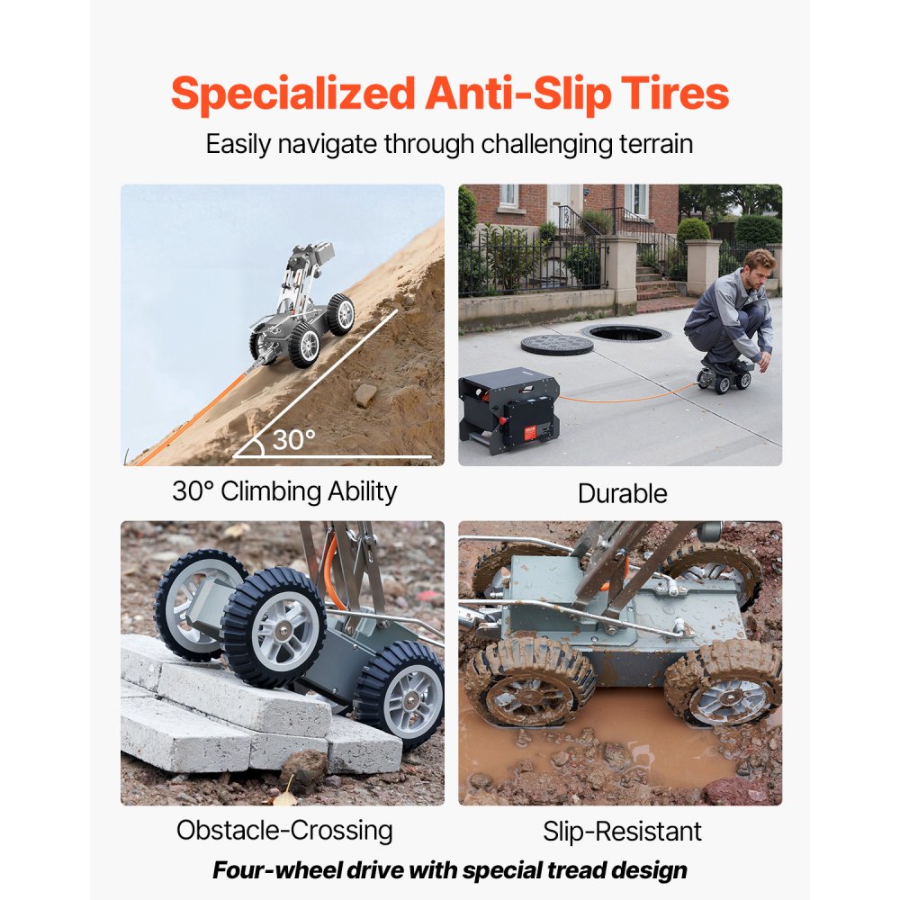 VEVOR Robot de Inspección de Tuberías de Alcantarillado, 120 m, Cámara Frontal y Trasera de 2 MP y Tableta Táctil, la de Plomería IP68 con Luces y Contador de Distancia para Tuberías Industriales