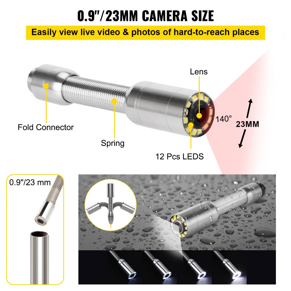 VEVOR Sewer Inspection Camera 50m Pipe Camera Inspection 7 Inch Pipe Inspection Camera IP68 Drain Pipe Waterproof Industrial Endoscope Snake Camera 12LED Night Vision with Guide Wheel, Touch Screen