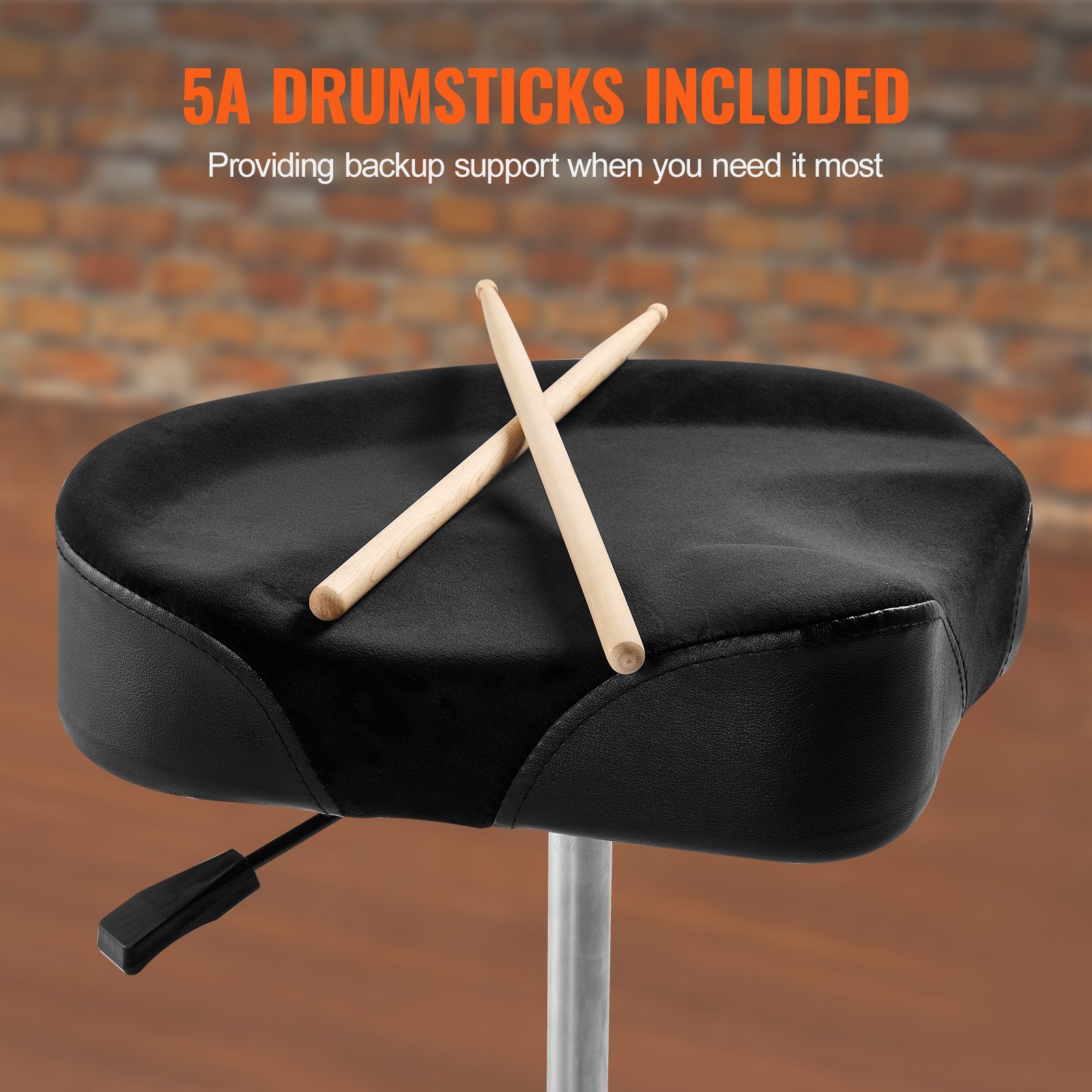 VEVOR Trono de Tambor Hidráulico con Silla de Montar, 490-640 mm, Altura Ajustable, Asiento Acolchado para Tambor con Pies Antideslizantes, Baquetas, Capacidad Máxima de Peso de 227 kg, Giro de 360°