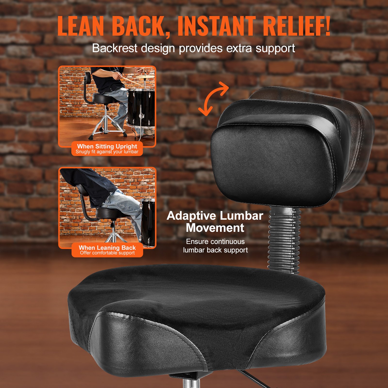 VEVOR Trono de Tambor con Respaldo, 490-640 mm de Altura Ajustable, Asiento Hidráulico Acolchado para Tambor con Pies Antideslizantes Baquetas 227 kg, Capacidad Máxima, Giro de 360° para Bateristas