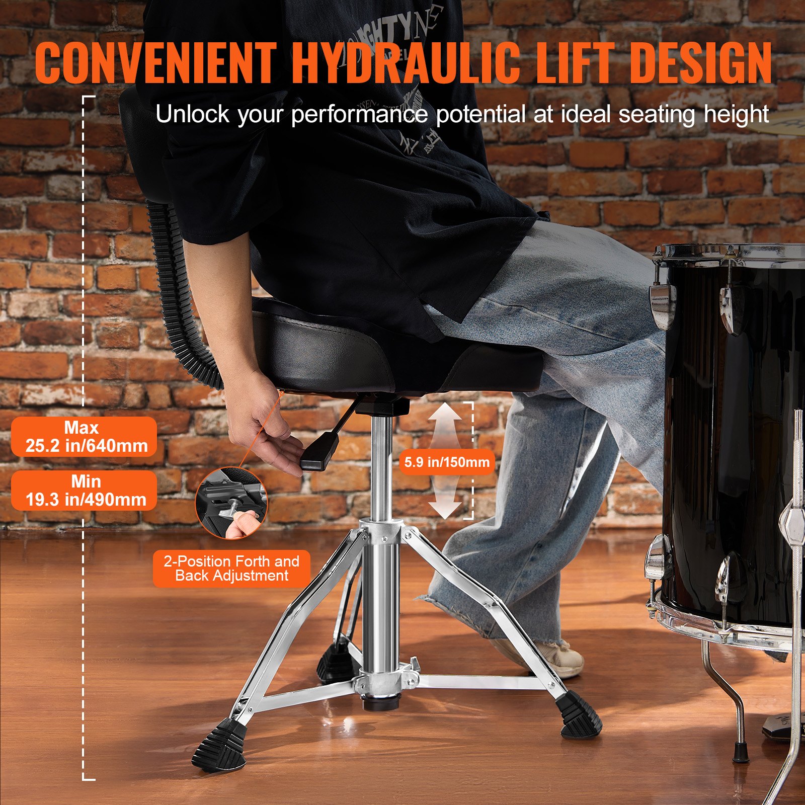 VEVOR Trono de Tambor con Respaldo, 490-640 mm de Altura Ajustable, Asiento Hidráulico Acolchado para Tambor con Pies Antideslizantes Baquetas 227 kg, Capacidad Máxima, Giro de 360° para Bateristas