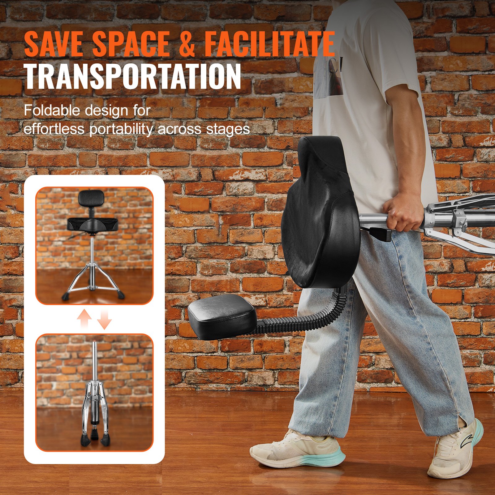 VEVOR Trono de Tambor con Respaldo, 490-640 mm de Altura Ajustable, Asiento Hidráulico Acolchado para Tambor con Pies Antideslizantes Baquetas 227 kg, Capacidad Máxima, Giro de 360° para Bateristas