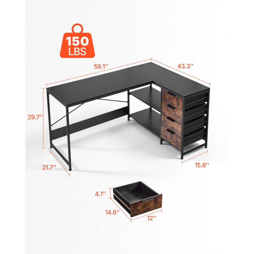 VEVOR Escritorio Esquinero 150 x 110 x 75,5 cm, Escritorio de Esquina con 4 Cajones y Estantes de Almacenamiento, Mesa de Ordenador en Forma de L Reversible, para Trabajar, Estudiar, Jugar, Negro
