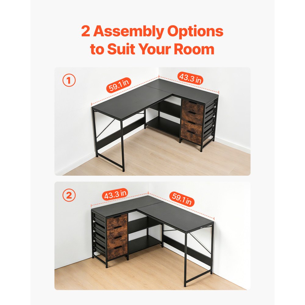 VEVOR Escritorio Esquinero 150 x 110 x 75,5 cm, Escritorio de Esquina con 4 Cajones y Estantes de Almacenamiento, Mesa de Ordenador en Forma de L Reversible, para Trabajar, Estudiar, Jugar, Negro