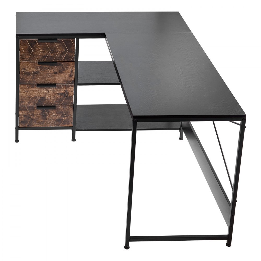 VEVOR Escritorio Esquinero 150 x 110 x 75,5 cm, Escritorio de Esquina con 4 Cajones y Estantes de Almacenamiento, Mesa de Ordenador en Forma de L Reversible, para Trabajar, Estudiar, Jugar, Negro
