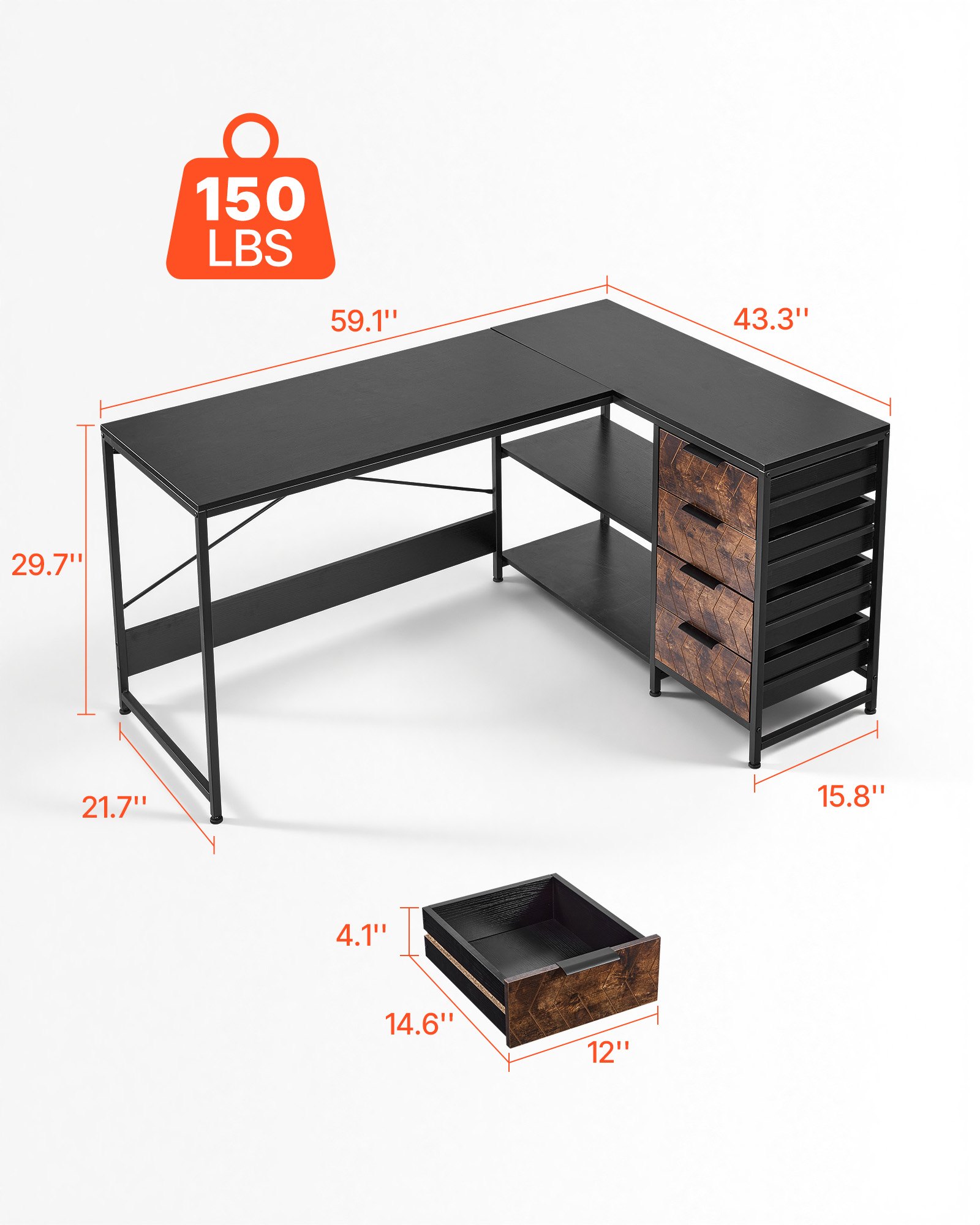 VEVOR Escritorio Esquinero 150 x 110 x 75,5 cm, Escritorio de Esquina con 4 Cajones y Estantes de Almacenamiento, Mesa de Ordenador en Forma de L Reversible, para Trabajar, Estudiar, Jugar, Negro