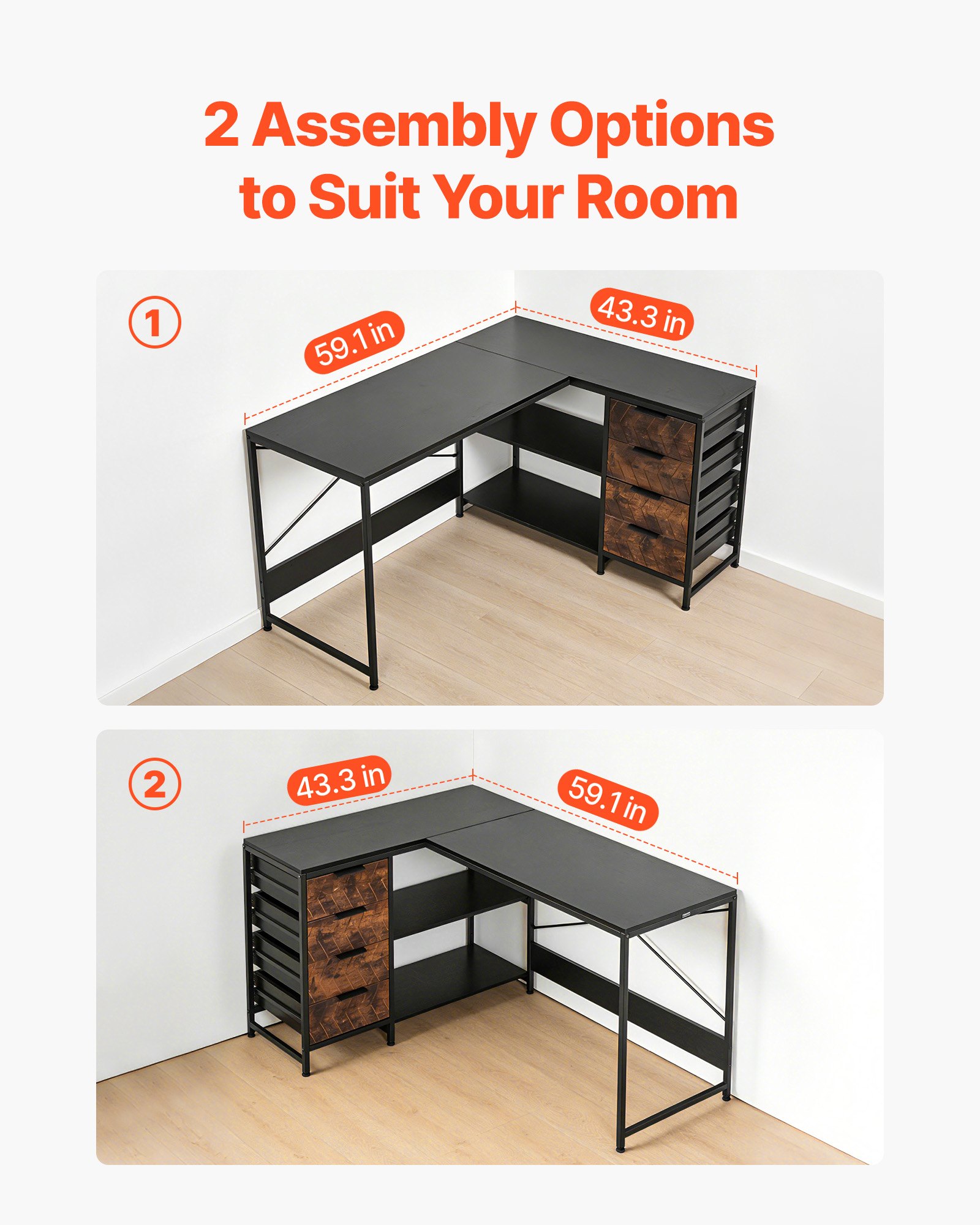 VEVOR Escritorio Esquinero 150 x 110 x 75,5 cm, Escritorio de Esquina con 4 Cajones y Estantes de Almacenamiento, Mesa de Ordenador en Forma de L Reversible, para Trabajar, Estudiar, Jugar, Negro