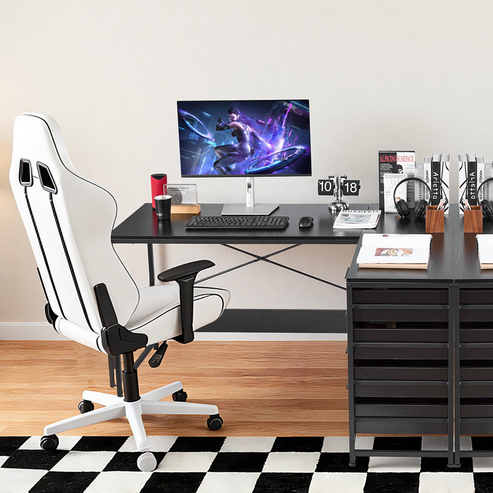 VEVOR Escritorio Esquinero 150 x 110 x 75,5 cm, Escritorio de Esquina con 4 Cajones y Estantes de Almacenamiento, Mesa de Ordenador en Forma de L Reversible, para Trabajar, Estudiar, Jugar, Negro