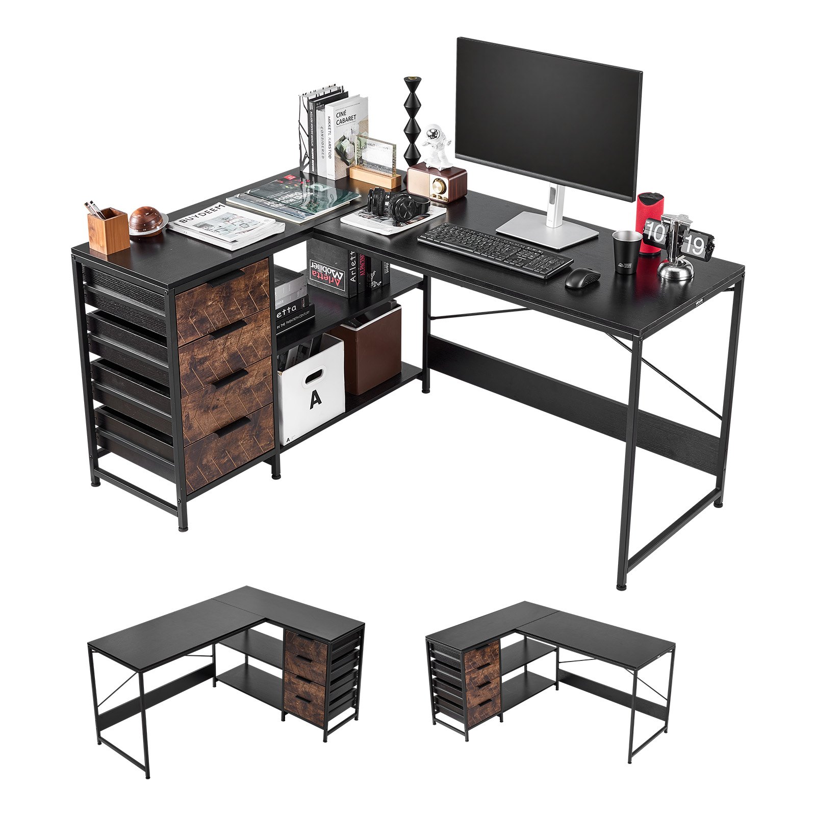 VEVOR Escritorio Esquinero 150 x 110 x 75,5 cm, Escritorio de Esquina con 4 Cajones y Estantes de Almacenamiento, Mesa de Ordenador en Forma de L Reversible, para Trabajar, Estudiar, Jugar, Negro