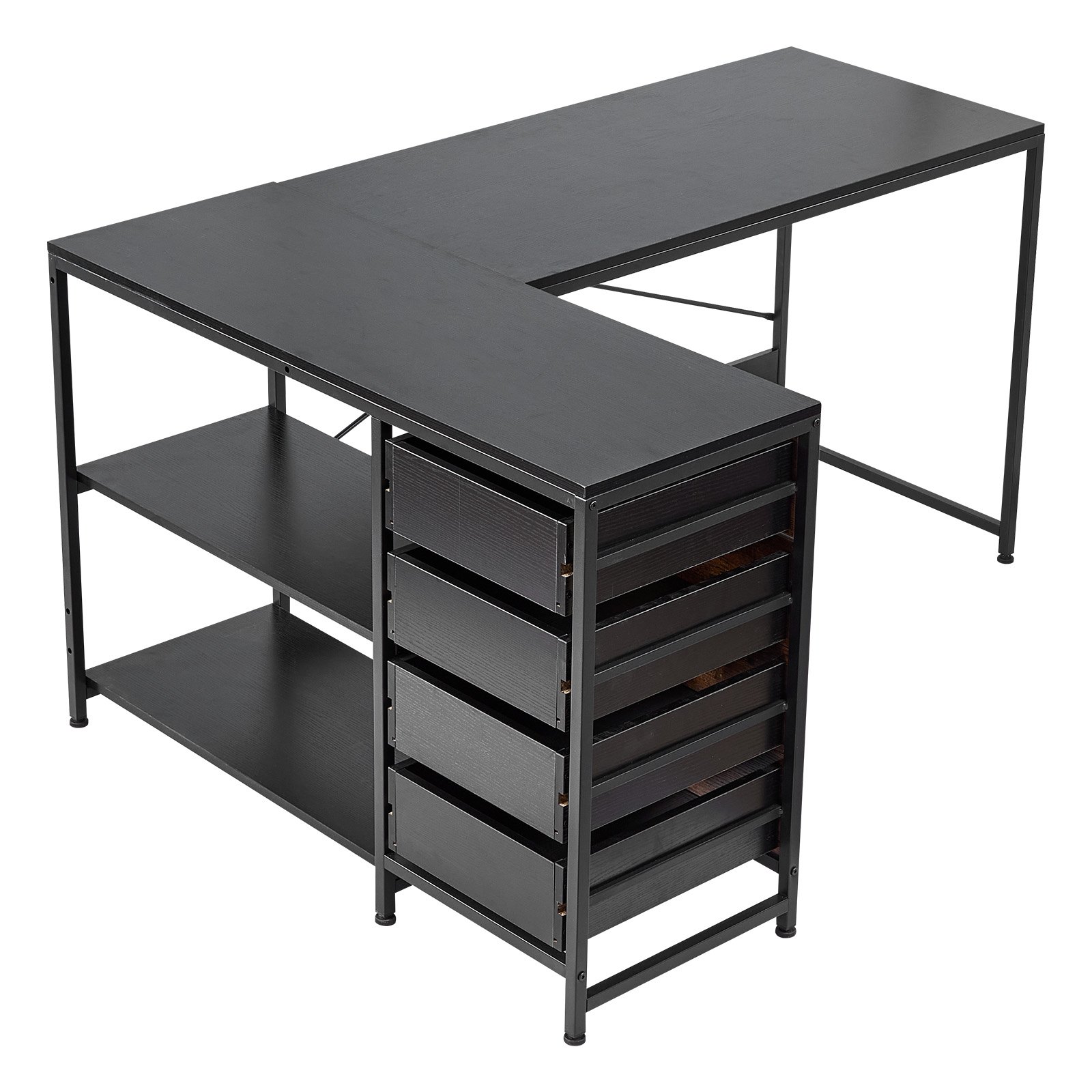VEVOR Escritorio Esquinero 150 x 110 x 75,5 cm, Escritorio de Esquina con 4 Cajones y Estantes de Almacenamiento, Mesa de Ordenador en Forma de L Reversible, para Trabajar, Estudiar, Jugar, Negro