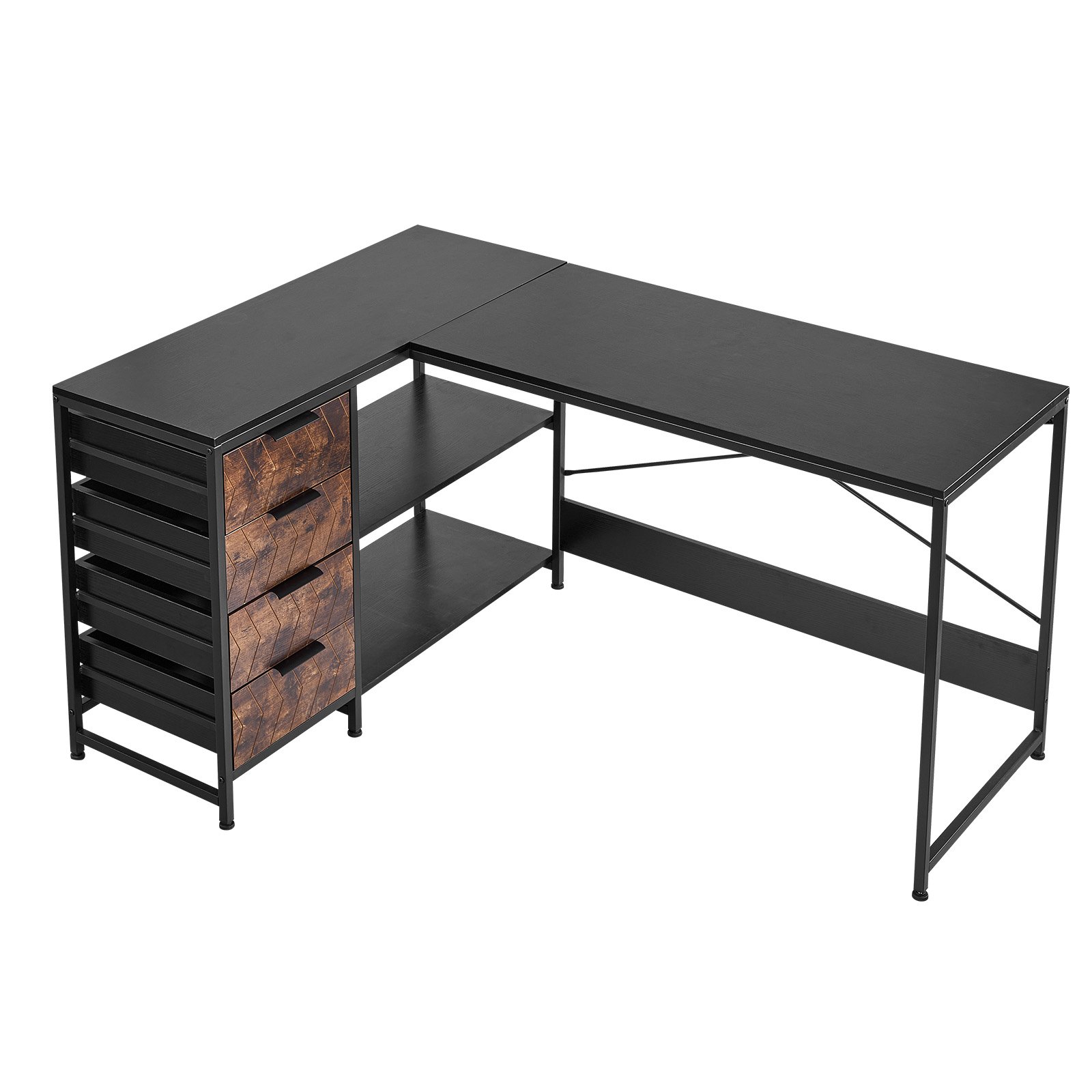 VEVOR Escritorio Esquinero 150 x 110 x 75,5 cm, Escritorio de Esquina con 4 Cajones y Estantes de Almacenamiento, Mesa de Ordenador en Forma de L Reversible, para Trabajar, Estudiar, Jugar, Negro
